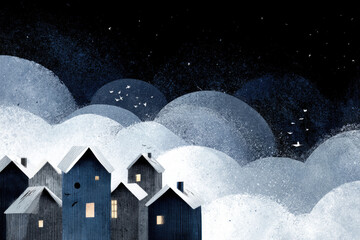 Naklejka premium A night village with dark houses and snow clouds.