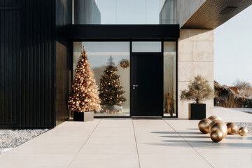 A modern glass-walled home features a glowing Christmas tree by the window, with minimal black claddin
