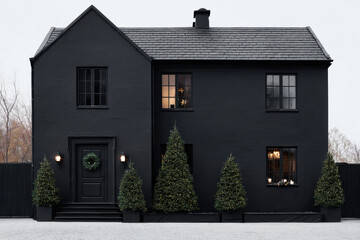A matte black modern house sits in a snowy landscape decorated with several small Christmas trees
