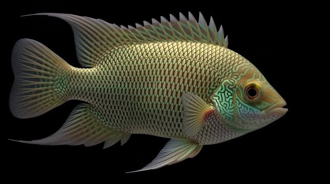 Stunning close-up of a vibrant green and gold African Cichlid fish isolated on black background showcasing intricate scale patterns and detailed textures for nature documentaries