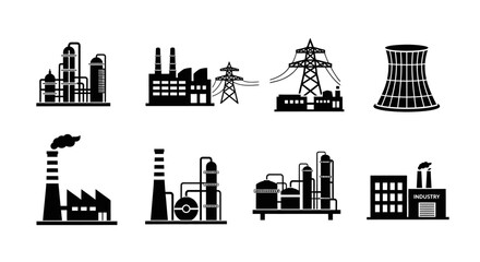 Fototapeta premium Set of black silhouette industrial factory buildings, power pylons, and cooling towers on isolated white background