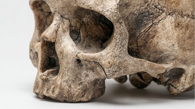 Close-up view of a weathered, human skull's side profile, showcasing detailed bone structure and texture