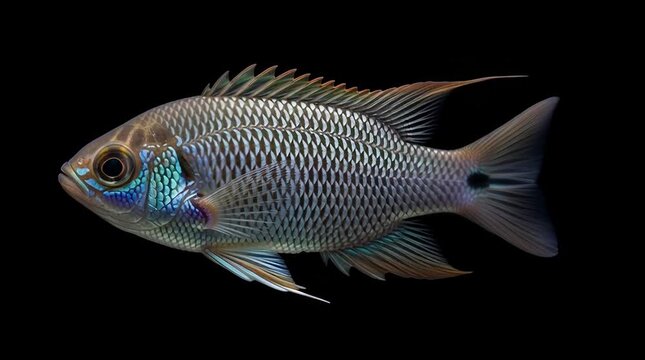 Stunning close-up of a vibrant iridescent dwarf cichlid fish swimming gracefully against a stark black background showcasing its intricate scale patterns and captivating colors