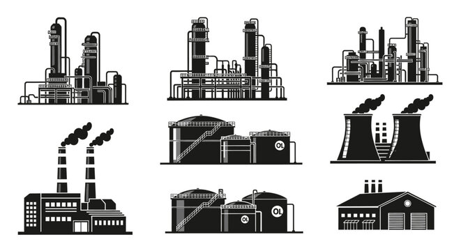 Set of black silhouette industrial factory buildings, oil refineries, and chemical plants on isolated white background