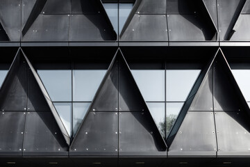 Modern building facade with black triangular metal panels and glass windows. Architectural photograph.
