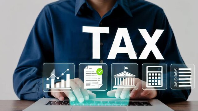 Tax Assessment in Digital Age: A professional is seen at work, with the word TAX boldly displayed above a set of digital icons. representing key elements of tax assessment and financial planning.