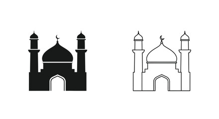 Two monochrome depictions of islamic mosques with minarets and domes © Design lens