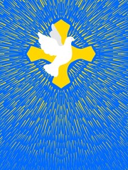 Web banner religioso azzurro cielo Paradiso. Colomba Bianca. Luce Croce Raggiante. Pentecoste. Annunciazione. Pasqua. Natale. Bokeh, stelle, sole. Raggio di luce magica. Sfondo azzurro