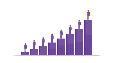 Silhouettes of people ascend a purple bar chart with one figure highlighted at the top on a white background.