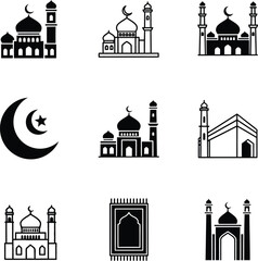 Fototapeta premium A collection of simple black and white mosque illustrations on a white background.