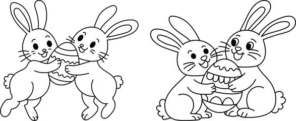 Naklejka premium Set of cartoon bunnies sharing easter eggs line art vector characters