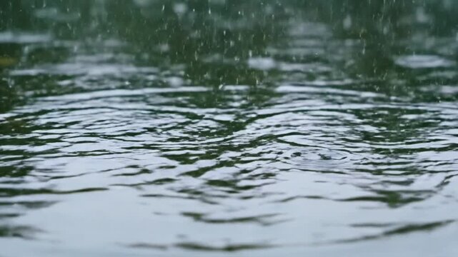 Raindrops Falling On Rippling Water Surface In Outdoor Natural Environment Close-Up View