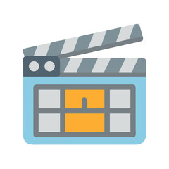 Blue and grey movie clapperboard on black background. Isolated stock illustration.