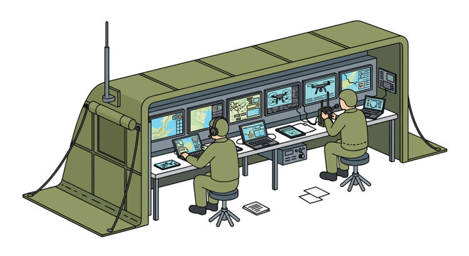 Two soldiers are operating in a portable military command center, monitoring multiple screens with drone footage and maps.