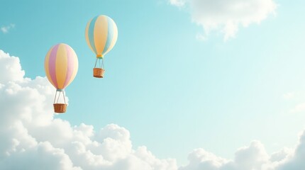 Obraz premium Soft blue cloudy sky background with Easter eggs painted as hot air balloons floating up, whimsical fantasy and dreamy spring imagination