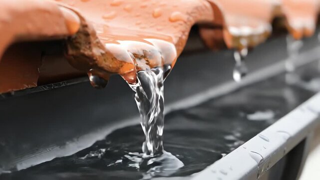Rainwater trickling from terracotta roof tiles into a house gutter on a rainy day, illustrating a water collection concept