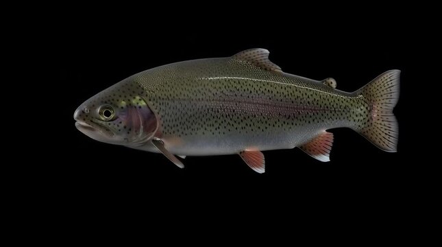 Stunning close-up of a vibrant rainbow trout swimming gracefully against a black background showcasing its iridescent scales and detailed features for wildlife footage