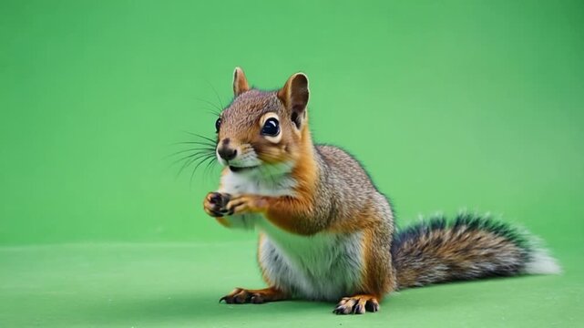 Cute squirrel sitting and looking up on green screen background