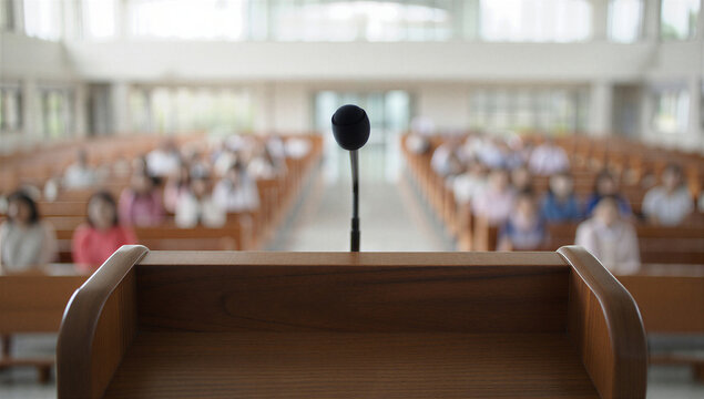 Wooden podium with microphone in large auditorium, empty lectern for public speaking, blurred audience sitting in church pews or lecture hall