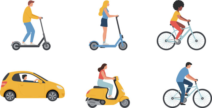 Urban transportation character set with people riding electric scooters, bicycles, car and scooter, men and women commuting flat vector illustration