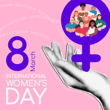 International Women's day square banner template. Cut out halftone hand holding Venus symbol with diverse women. Give to Gain IWD 2026 concept. Vector illustration isolated on grainy background