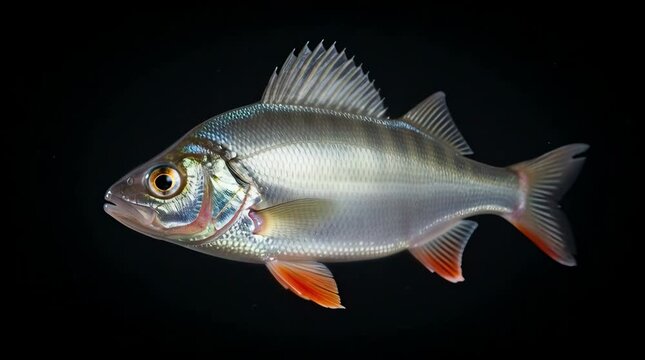 Stunning close-up of a vibrant silver bream swimming gracefully against a stark black background showcasing its detailed scales and elegant form in an underwater studio setting