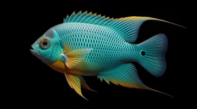 Stunning close-up of a vibrant turquoise and gold cichlid fish swimming gracefully against a stark black background showcasing its intricate scales and captivating beauty for aquatic life footage