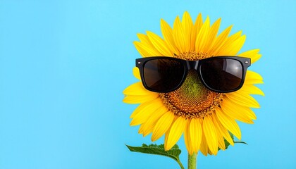 A cheerful sunflower wears sleek black sunglasses, radiating playful summer vibes against bright blue backdrop, blending nature&rsquo;s warmth with humor, positivity, and carefree seasonal energy.
