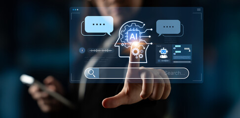 Fototapeta premium Advanced AI cognitive computing concept with human brain and AI gear integration, featuring smart AI search and interactive virtual AI assistant interface for business intelligence. Corpus