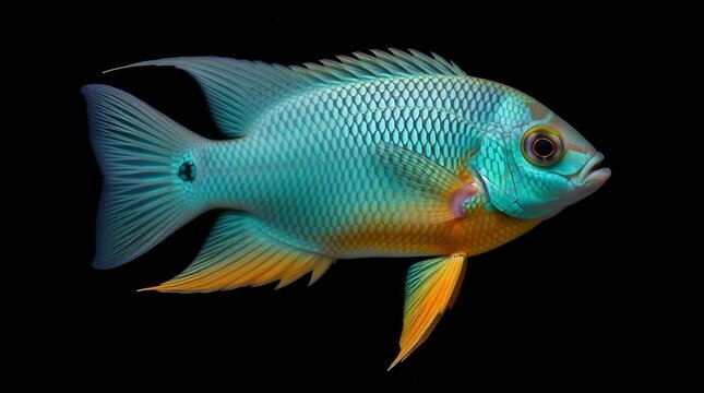 Stunning close-up of a vibrant turquoise and orange African cichlid fish swimming gracefully against a stark black background showcasing its intricate scales and captivating colors
