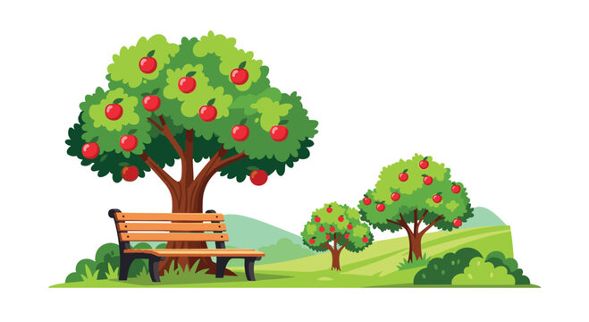 A large apple tree with a wooden bench sits on a grassy hill, with smaller apple trees and rolling hills in the background.