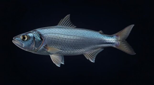 Stunning studio shot of a silver bream fish suspended against a dark black background showcasing its iridescent scales and sleek body form in detailed close-up