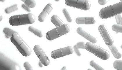 Many white capsule-shaped objects floating against a white background, appearing in mid-air