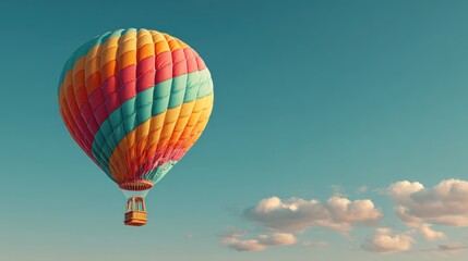 Fototapeta premium Colorful hot air balloon ascending in a clear blue sky with a few clouds