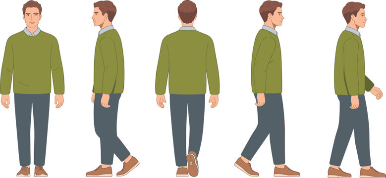 Young male character turnaround with walking sequence, casual man in green sweater and gray pants, front side and back views flat vector illustration