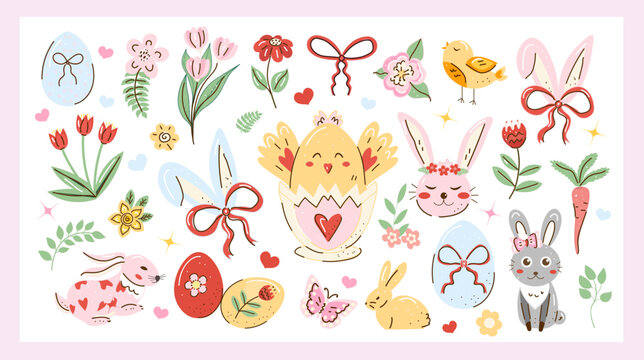 Hand-drawn Easter clipart set with bunnies, chick in cracked egg, decorated eggs, ribbons, flowers, hearts and spring foliage on a soft pink frame. Doodle vector illustration.