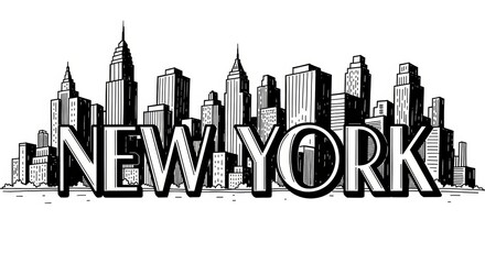Fototapeta premium Mid-century American poster illustration, large art-deco inspired hand-lettering spelling “NEW YORK”, tall condensed letters with strong vertical emphasis, thick black ink strokes