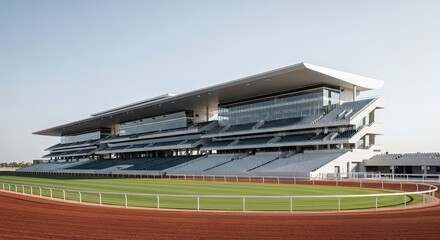 Fototapeta premium Modern race track architecture with elevated grandstand and green turf