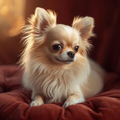 Photorealistic long-haired apple head Chihuahua sitting elegantly on velvet cushion, cream white coat, golden sunlight