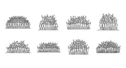 Four formations of people creating shapes alongside smaller groupings