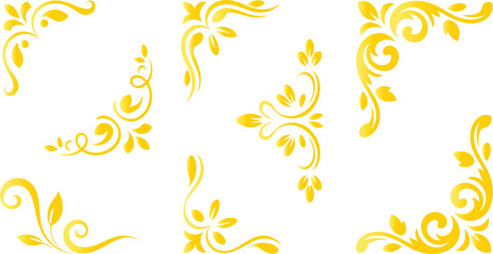 Set of elegant gold floral corner ornaments and decorative swirl elements isolated on white background for luxury wedding invitation designs.
