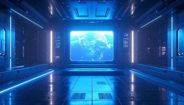 Futuristic control room with holographic Earth display monitoring global data systems