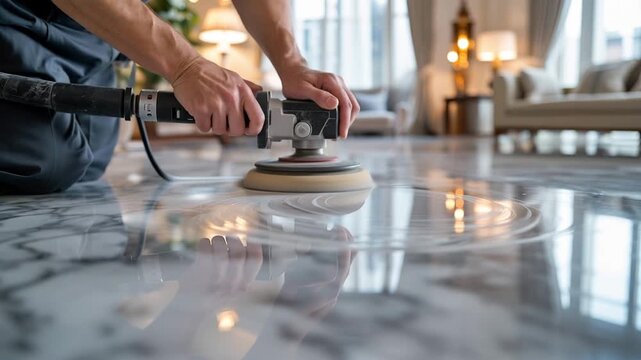 Marble Floor Polishing: A close-up view captures the meticulous process of polishing a luxurious marble floor, showcasing the skill and dedication required for this essential maintenance task.
