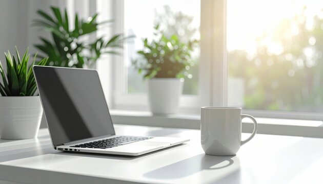 Laptop and white mug on a white table near a window with green plants