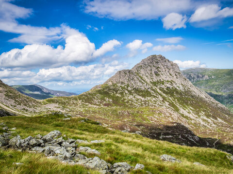 Tryfan, famously difficult mountain in the Ogwen Valley, and part of the Glyders Range, Snowdonia National Park, North Wales, UK, on a fine summer day.