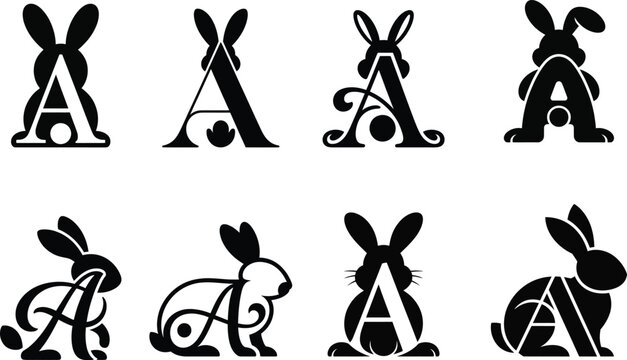 Collection of eight distinct black and white vector graphic illustrations featuring the capital letter a creatively combined with stylized bunny rabbit silhouettes for easter or springtime design