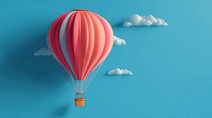 Obraz premium Pink and white hot air balloon against a light blue sky with small clouds
