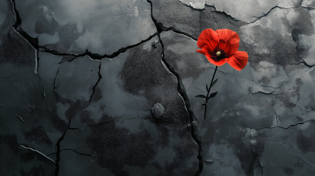 Red Poppy Flower Growing through a Crack in Concrete Representing Hope