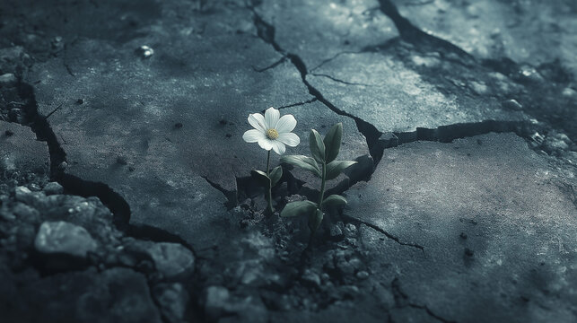 Small White Flower Sprouting from Cracked Ground as a Symbol of Resilience