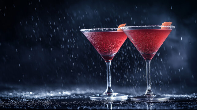 Two Red Cocktails in Martini Glasses with Condensation on a Dark Wet Background